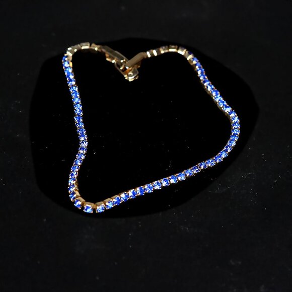 Vtg Gold Tone Blue Sapphire CZ Tennis Bracelet | Classic Glamour Delicate Estate - Picture 3 of 6
